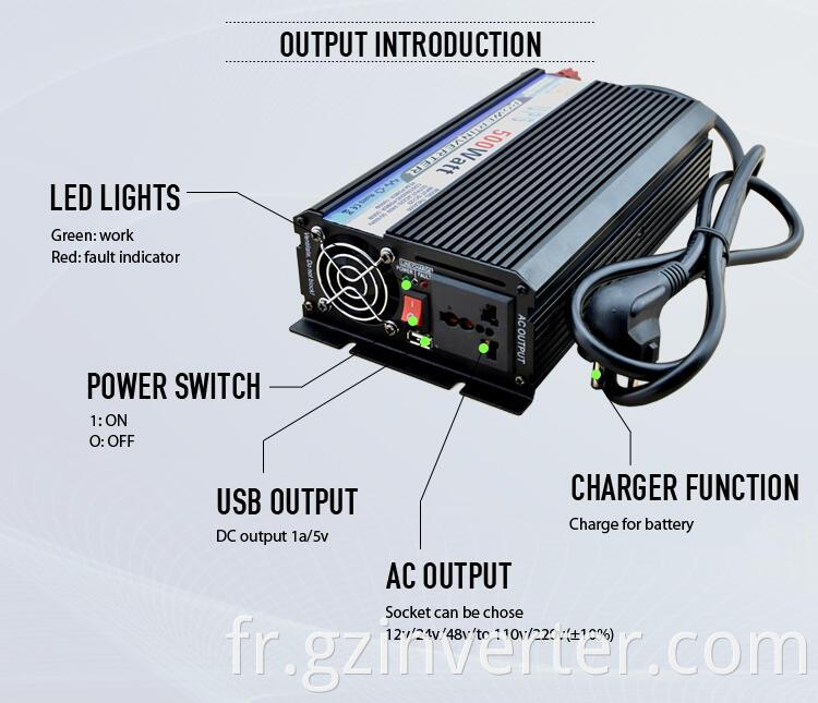 Onduleur d'énergie solaire de 500W 12 volts à 220 volts avec chargeur de puissance de voiture 220 V